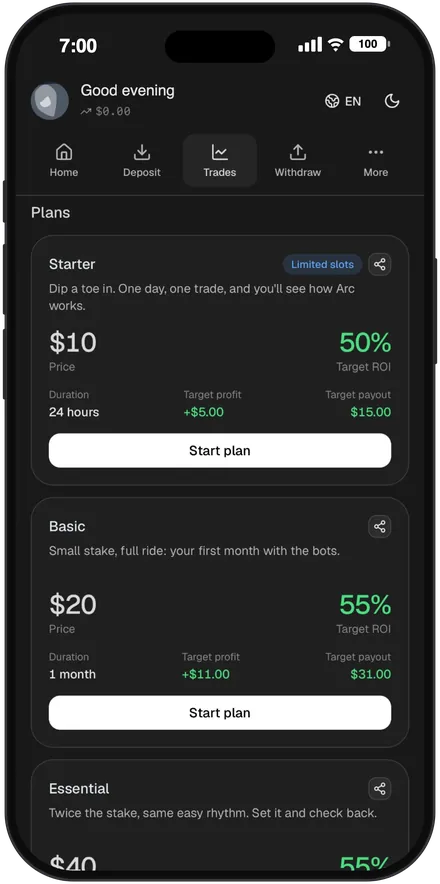 Arc app Trades screen showing the Starter and Basic trading plans