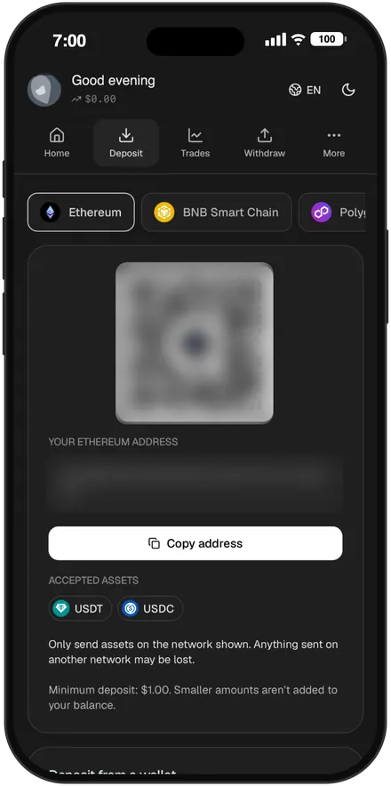 Arc app Deposit screen with network choices and accepted assets